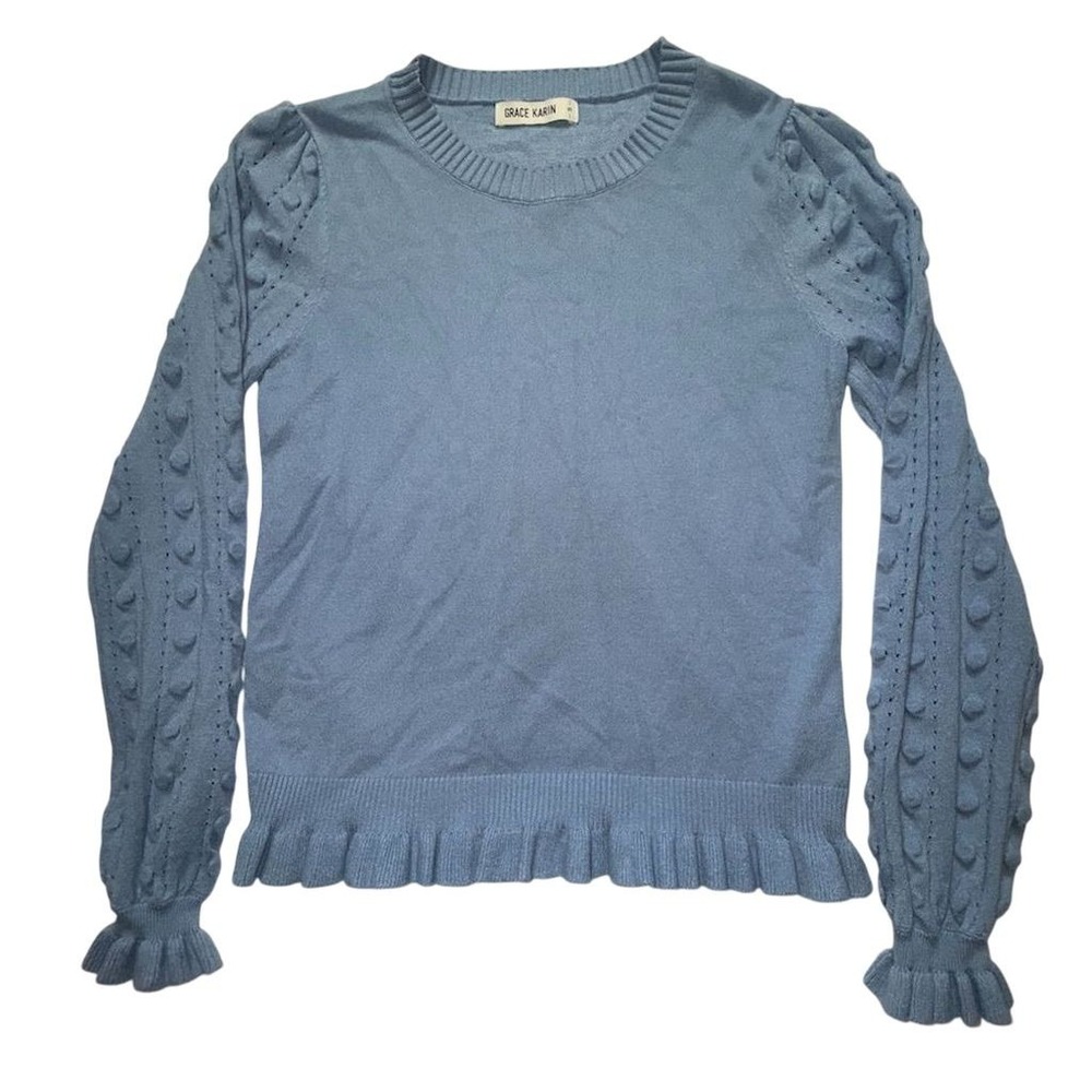 Grace Karin Women's Blue Ruffled Pullover Sweater S L/S grandma granny feminine